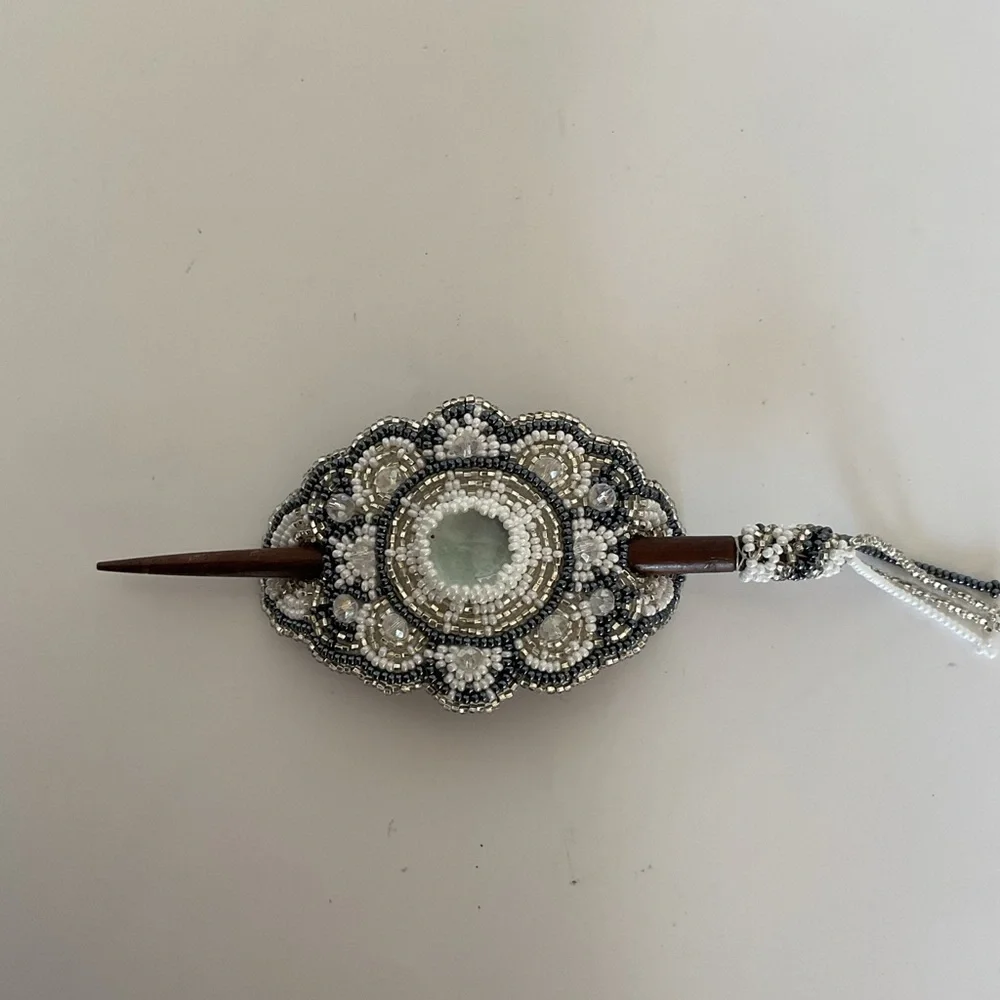 Artisan Beaded Wood Stick Hair Barrette. NWOT